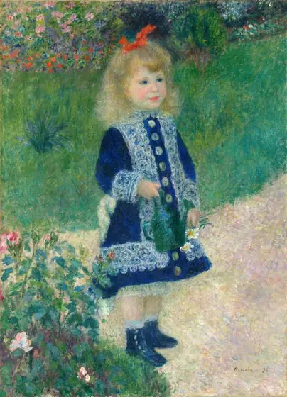 A pale-skinned young girl with blond hair, wearing a blue dress, stands in a garden in this vertical painting. The girl and background are painted with blended strokes, giving the scene and especially the girl a soft look.