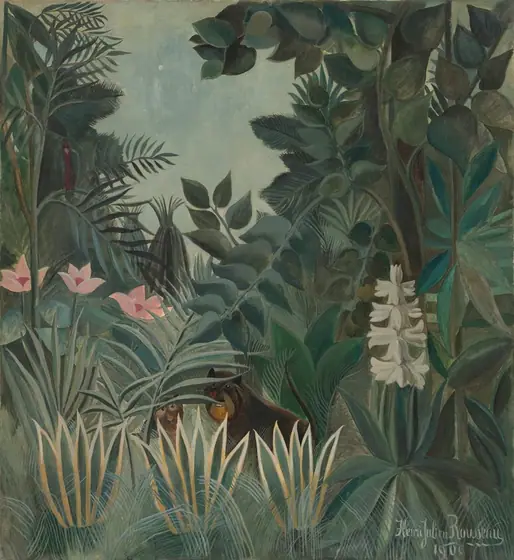 Two animals with golden yellow, brown, and black fur peer out from behind dense jungle foliage in this stylized, vertical painting.
