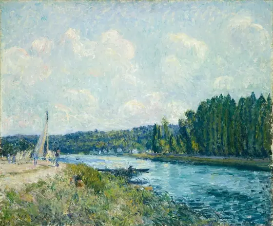 A wide river cuts through a loosely painted, sunlit landscape in this almost square painting.