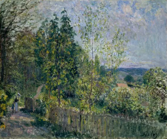 This painting depicts a scene where a winding path on the bottom left leads into a wooded area.