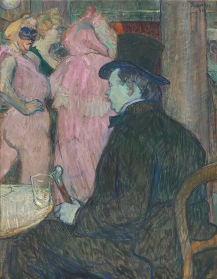 Shown from the lap up, a man wearing an ash-brown suit and top hat sits turned mostly away from us, next to a round table, facing a group of at least three women farther back in the room in this vertical painting.