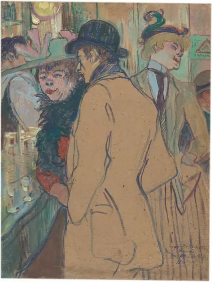 A man and two women standing near a bar nearly fill this vertical painting.