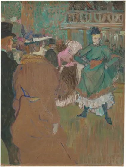 A man and woman standing with their backs to us face a room where others stand or pose in this vertical painting.
