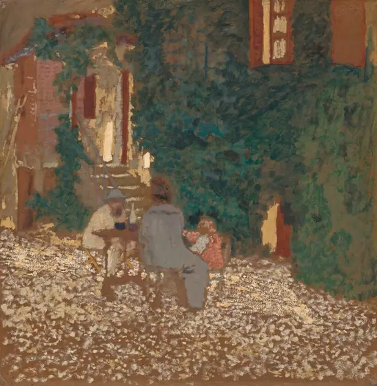 Two people, perhaps a woman and man, and a baby sit at a table in a courtyard surrounded by vine-covered walls in this square painting. The scene is loosely painted with visible dabs, dashes, or smudges. The table is to the left of center.