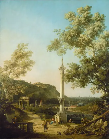 We look slightly down across a sun-drenched plaza with people scattered among ruins, buildings, and around a free-standing column in this vertical landscape painting. The people we can see have light skin.