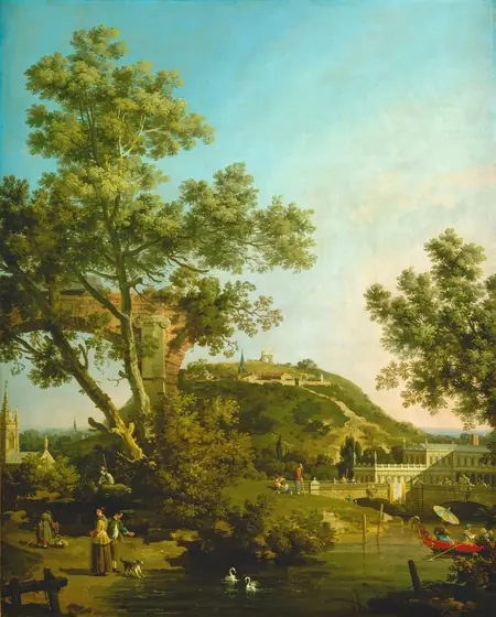 Sun pours across a landscape with trees and plants growing around and on an arched stone ruin, a bridge and river, and, in the distance, buildings along a flat-topped hill carpeted with grass in this vertical painting.
