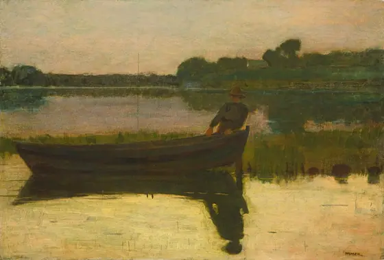 In this painting, a person appears to pull a long brown-and-green canoe out of the water and onto a grassy stretch of land. The person wears a hat and a green shirt with brown trousers, and their face is indistinct.