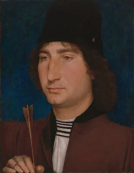 Shown from the shoulders up, a man with peachy skin looks off to our left as he holds the feathered end of an arrow up in a hand resting along the bottom edge of this vertical portrait painting.