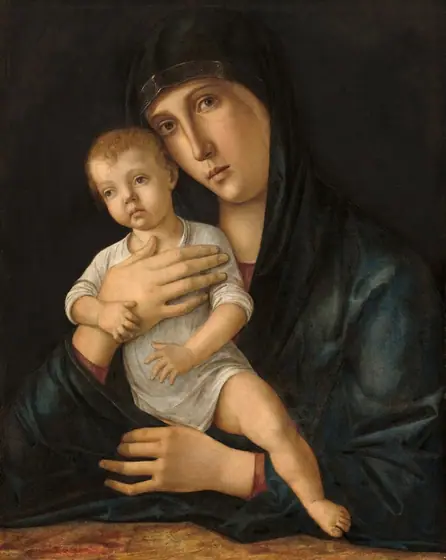Shown from the waist up, a young woman holds a baby up against her chest in this vertical painting. They both face us and have pale skin.