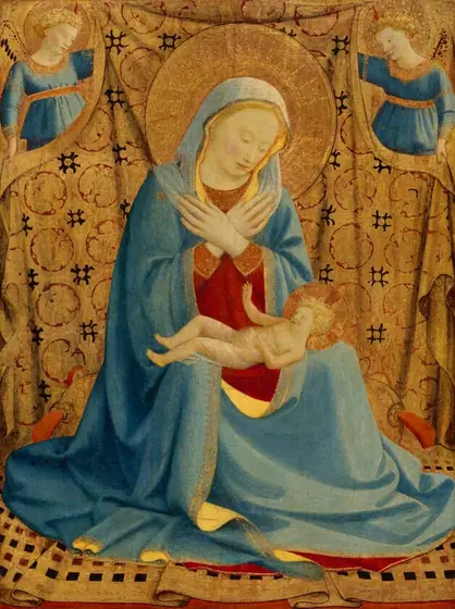 A woman sits in the center of this vertical panel painting and gazes down at a baby lying across her lap while two winged angels hold up a red, gold, and black brocade-like patterned cloth behind her.