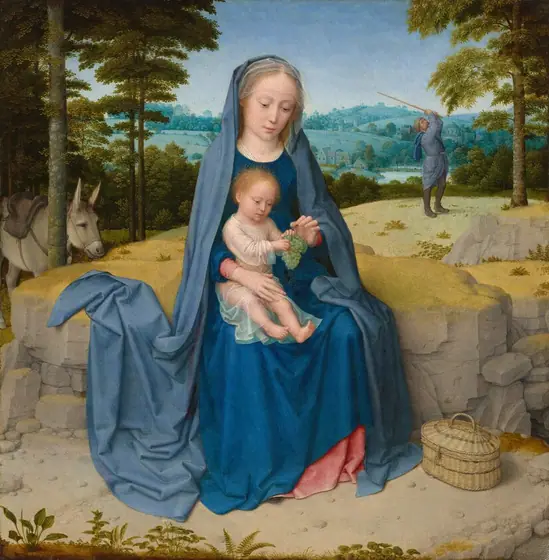 Against a deep, hilly landscape, a young woman sits facing us on a rocky ledge with a small child in her lap in this square painting. The woman and child, Mary and Jesus, both have pale skin and blond hair.
