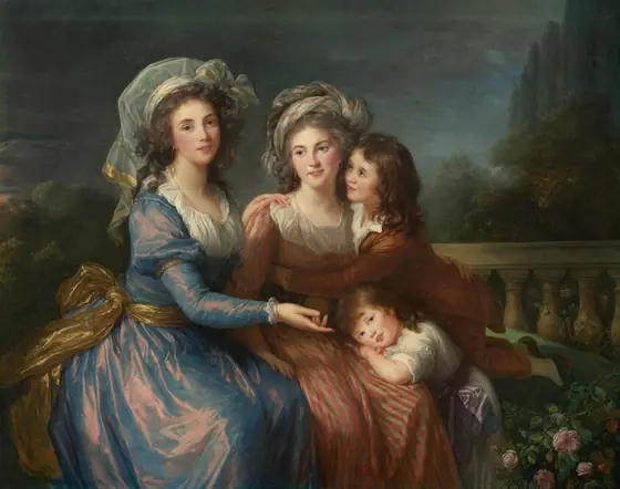 Shown from the shins up, two elegantly dressed women and two young boys, all with light skin, sit together on a bench in front of a stone balustrade with a forest landscape beyond in this horizontal portrait painting.