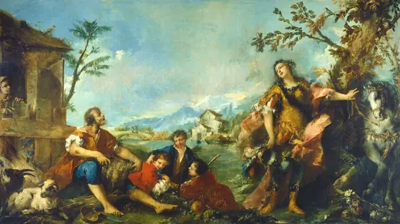 This painting shows a group of people engaged in various activities within a wide green landscape. In the background are distant white-and-blue mountains and a blue sky with soft gray clouds.