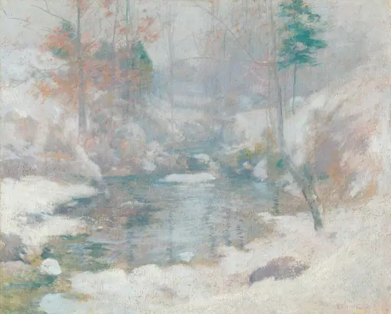 A stream meanders back through snowbanks in this wooded landscape, which is created entirely with cool, pale tones of white, gray, blue, lilac, and golden beige in this nearly square painting.