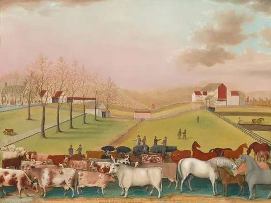 Cows, horses, sheep, and pigs stand closely together in a band across the bottom edge of this horizontal painting. Rolling hills open onto grassy lawns, farms, and fields beyond.