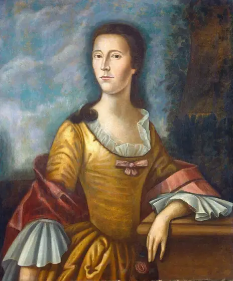 Shown from the waist-up, a pale-skinned woman wearing a gold-colored gown and a muted dark pink shawl stands before a hazy landscape in this vertical portrait painting.