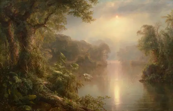 We look through a tropical forest lining a hazy, wide, placid river in this horizontal landscape painting. Densely packed trees, bushes, and plants create shadowed, thickly forested banks along both sides of the river.