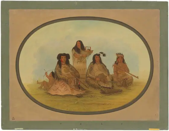 The image shows four adults and one child seated on the ground within an oval frame. The child is on the far left, lying down with a bow and arrow.