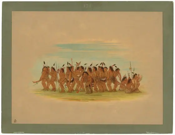 The image depicts a group of individuals engaged in a dance. They are in a tightly-knit, curved line, with dynamic poses suggestive of movement and rhythm.