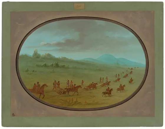 The artwork depicts a peaceful landscape viewed from an elevated perspective. The horizon divides the sky from the land below, with distant blue hills visible. The sky shows soft blues and gray clouds.