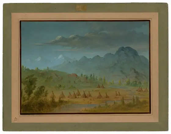 The image shows a landscape with a settlement surrounded by lush greenery and mountains in the distance. The mountains are partly covered by clouds. The painting technique is smooth and gentle, giving the scene a serene atmosphere.