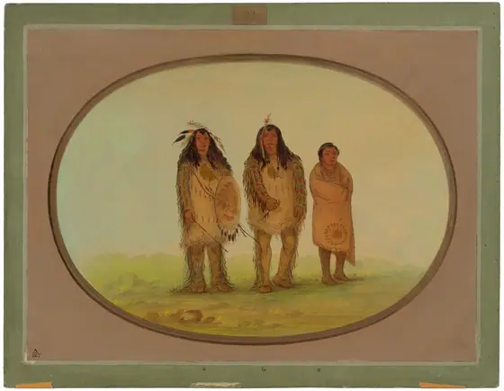 Three figures stand side by side in an outdoor setting. The person on the left is facing forward, holding a shield. They have long dark hair with feathers and wear a fringed outfit.