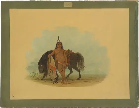 The image depicts a person standing beside a black horse. The person has long dark hair with feathers, wearing skin trousers, moccasins, a quiver, and a bow slung across their back.