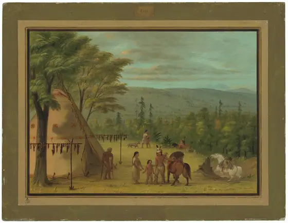 The image shows a landscape with trees, hills, and mountains under a partly cloudy sky. In the foreground, there is a tipi surrounded by figures dressed in traditional attire interacting with a horse.