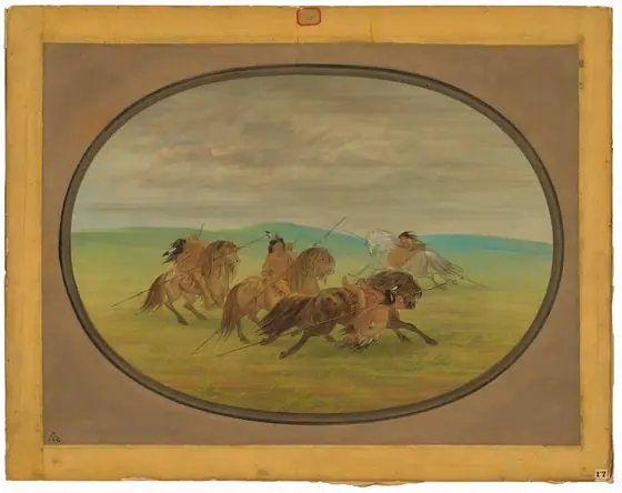 The image shows a group of individuals on horseback in a landscape with hills in the distance. The perspective is from above, providing a panoramic view of the scene.