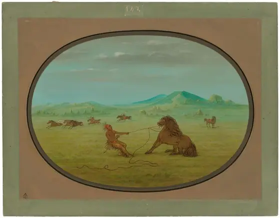 The image shows a wide expanse of land with a horizon featuring rolling hills or small mountains and sparse trees. In the foreground, a person in traditional indigenous attire is pulling on a rope tethered to a resisting horse.