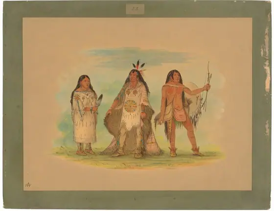 The image shows three full-body figures standing together. On the left is a female figure holding a feather, in a decorated dress. In the center is a male figure with long, ornamented hair and a beaded robe, holding a fur piece and shield.