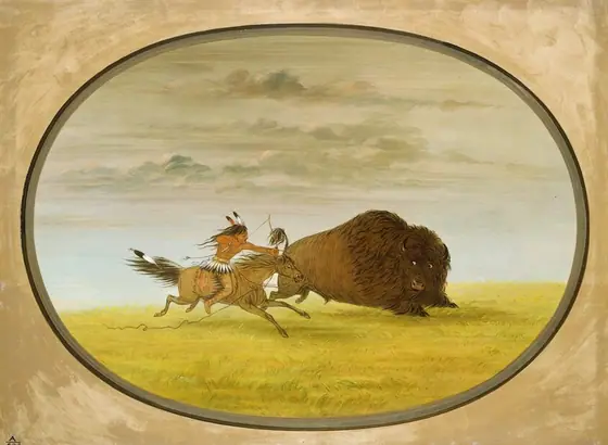 This is a painting with a central focus on a bison being pursued by a figure on horseback. The scene is set in a grassy prairie under a cloudy sky.