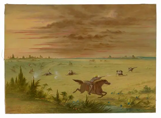 The image displays a landscape with rolling plains and sloping hills in the background. A rider on a galloping horse is depicted aiming a firearm at birds in flight. The painting features detailed brushwork capturing movement.
