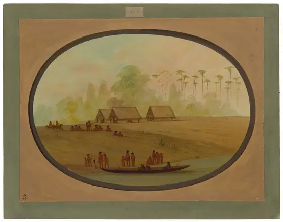 The painting depicts a serene village scene near a body of water with trees and thatched structures on the horizon.