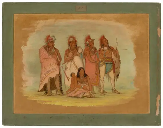 The image shows a group of five individuals - four standing and one seated in the foreground. The standing individuals have varied hand positions; two hold long pipes, and one appears to hold a bow and arrow.