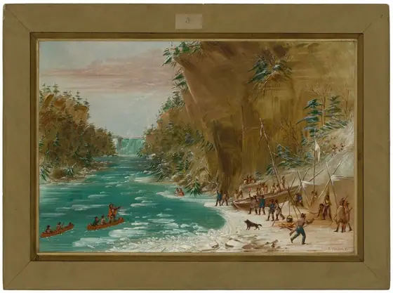 The image shows a winter scene with an icy river and activity on the shore. A rocky cliff partially covered in snow is on the right, with evergreen trees.