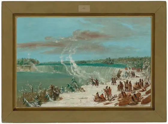 The painting depicts an elevated viewpoint of a grand waterfall surrounded by a landscape filled with people and canoes. The horizon is high in the composition, marked by a line of trees and the flowing waterfall.