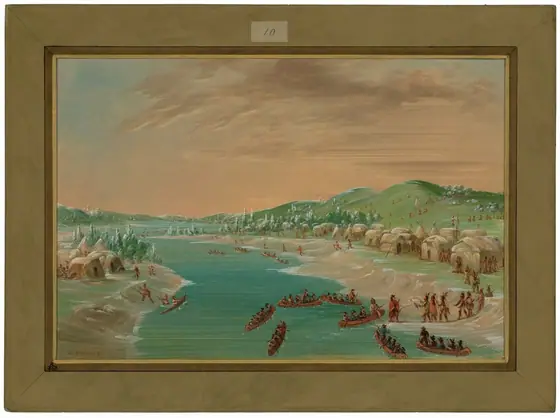 The image shows a riverside scene with various activities. The horizon has green hills with trees. Villagers and tipis are on both sides of the riverbanks. Canoes filled with people are on the water, some docked near the sandy shore.