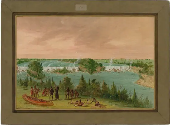 The painting depicts a landscape with waterfalls, a river, trees, and hills in the distance. In the foreground, a group of people are near a canoe on a grassy patch. The painting features distinct brushstrokes showing texture and movement.