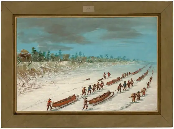 This image depicts a snow-covered landscape with a high horizon line meeting a line of evergreen trees under a sky with blue and grayish clouds. The sky and treetops are textured with lively brushstrokes.