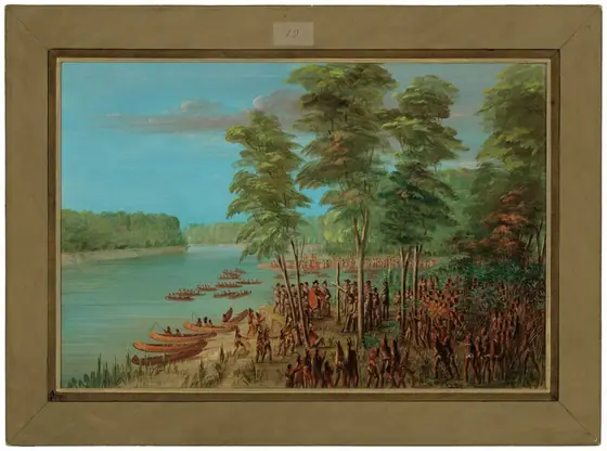 This is a painting of a gathering near a river. The scene depicts a riverside filled with tall trees and grass where several groups of people have gathered. Several canoes are visible on the water and docked along the shore.