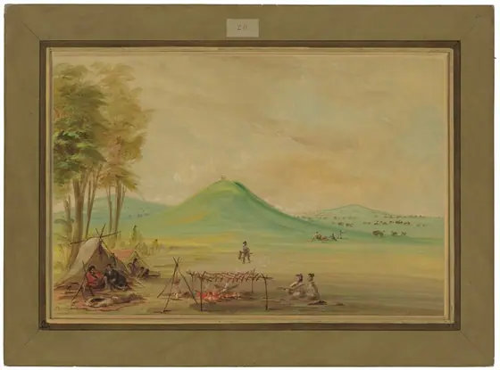 The image shows a landscape with people at a campsite in the foreground. There are tents under trees, a plain leading to a hill in the background, and more hills further away.