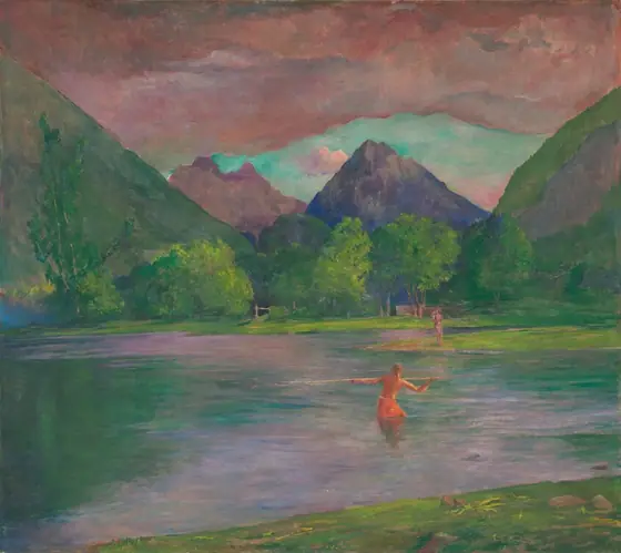 This is a landscape painting depicting a body of water surrounded by greenery, with tall green and purple mountains in the background under a sky full of dark pink clouds and a strip of bright blue-green.