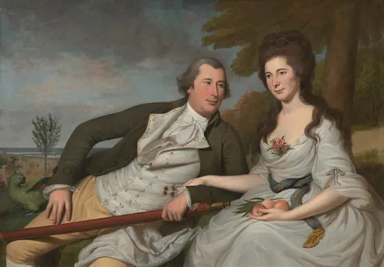 Shown from the knees up, a light-skinned man and woman are seated side-by-side on grassy rise in a landscape in this horizontal portrait painting.