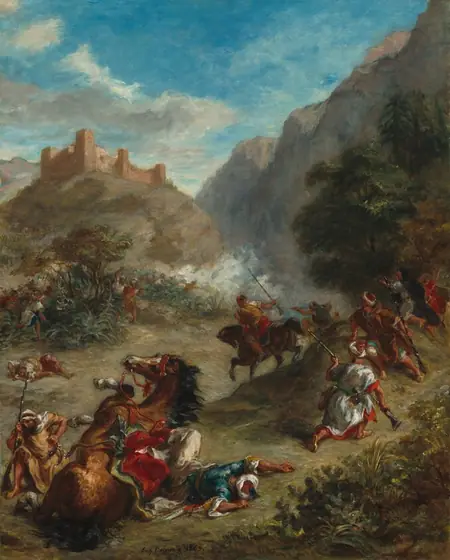 Set in a valley carpeted in sage green, about a dozen armed men, on foot and horseback, close to us, line up and face off against an attack advancing from the back left in this vertical painting.