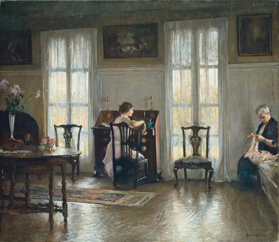 This painting shows two women in a room. At the center of the painting, a young woman is seated at a desk, her hand resting on the back of the chair, opening a small drawer.