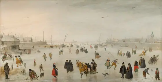 We look slightly down onto a panorama with dozens of pale-skinned men, women, and children skating and standing on a frozen river in this horizontal landscape painting.