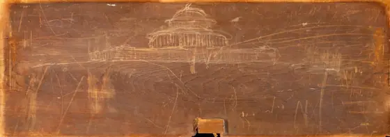 This drawing shows the faint outline of a domed building. The representation is minimalistic, with few details of the building shown besides the dome and vertical lines that might suggest columns.