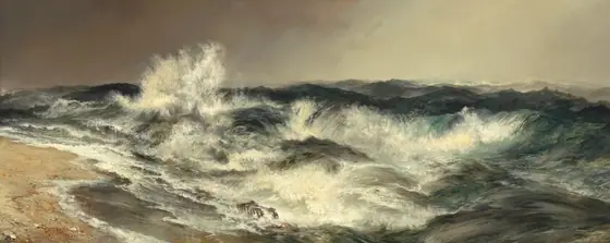 Roiling, churning waves breaking against a patch of a sandy beach fill most of this wide, horizontal landscape painting. The water deepens from aquamarine blue to teal, slate, and midnight blue amid clouds of ivory-white crests and spray.
