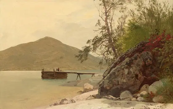 The painting depicts a tranquil lake scene with a low horizon line showing a pale green hill in the background under a pale, cloudy sky. Closer to us, on the right, there is a large, textured rock surrounded by greenery and red flowers.